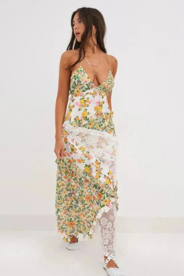 Women's Floral Maxi Dress | Plunge Neck Ruffle Summer Wear