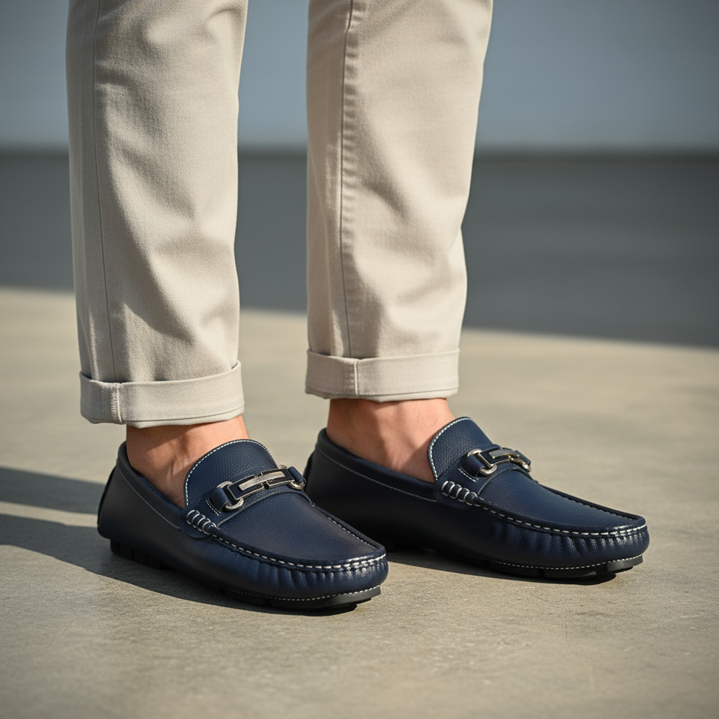 Men's Genuine Leather Loafers - Metal Clasp Slip Ons
