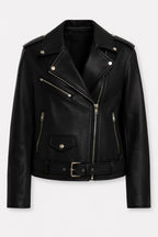 Women's Faux Leather Biker Jacket with Asymmetrical Zip and Belted Hem