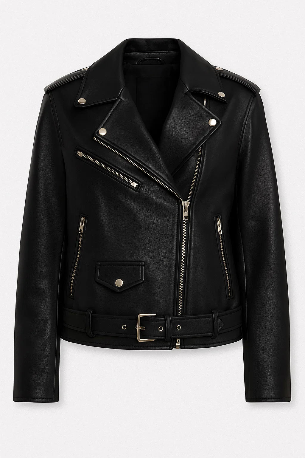 Women's Faux Leather Biker Jacket with Asymmetrical Zip and Belted Hem