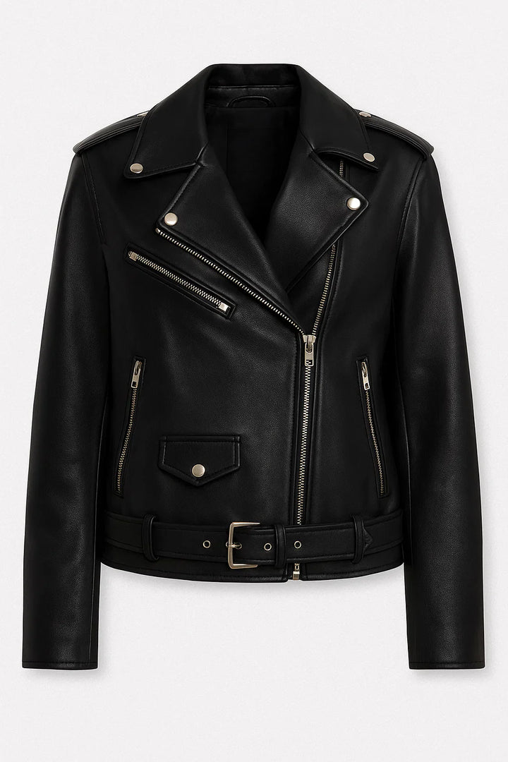 Women faux leather biker jacket with a belt