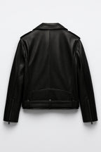 Women's Faux Leather Biker Jacket with Asymmetrical Zip and Belted Hem