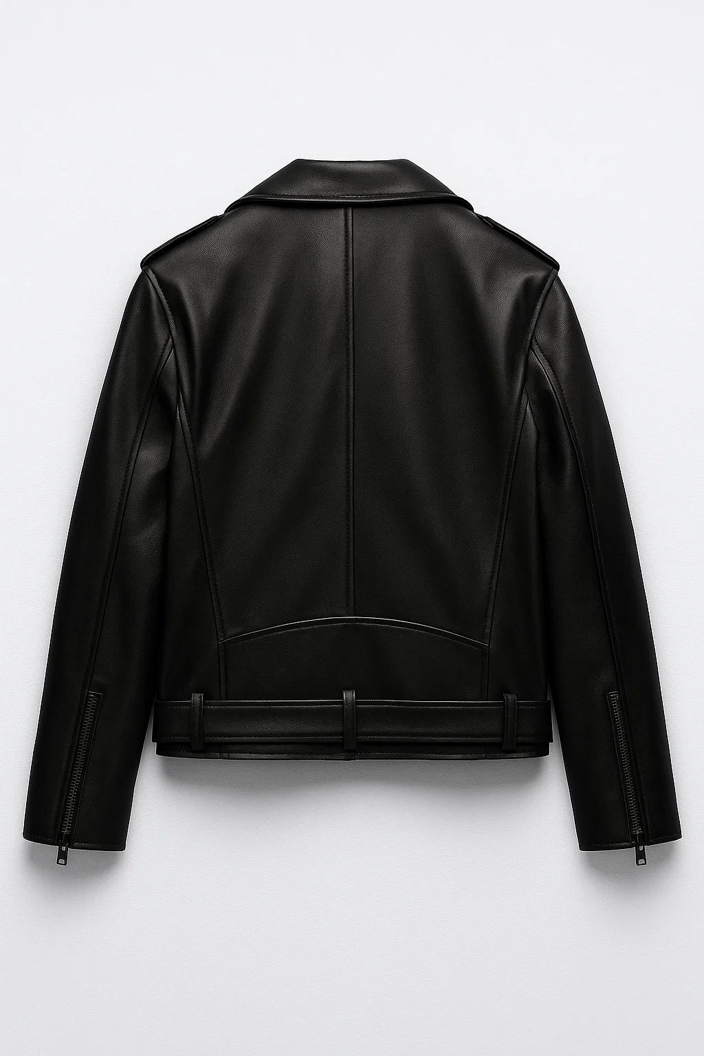 Women's Faux Leather Biker Jacket with Asymmetrical Zip and Belted Hem