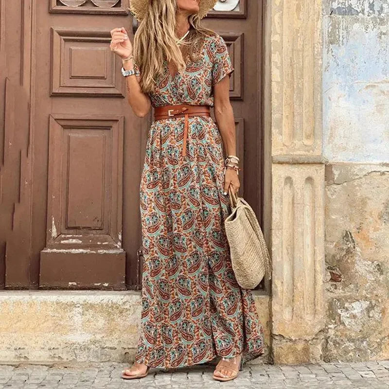 Women's V-Neck Belted Maxi Dress | Waist-Defining Casual Chic