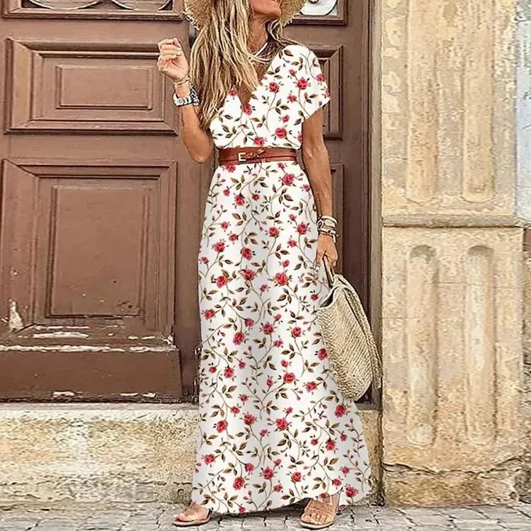 Women's V-Neck Belted Maxi Dress | Waist-Defining Casual Chic