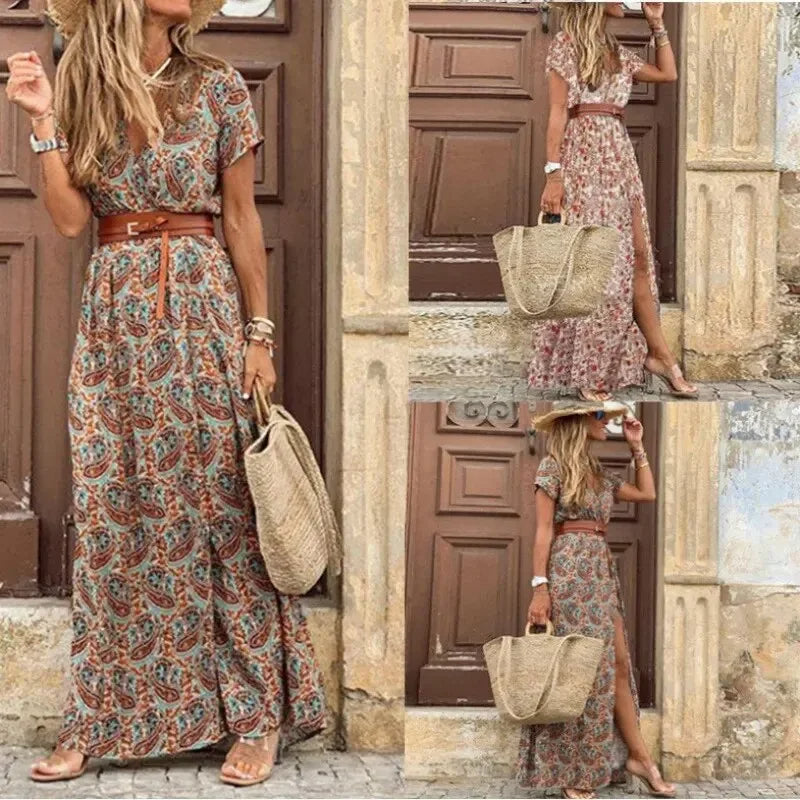 Women's V-Neck Belted Maxi Dress | Waist-Defining Casual Chic