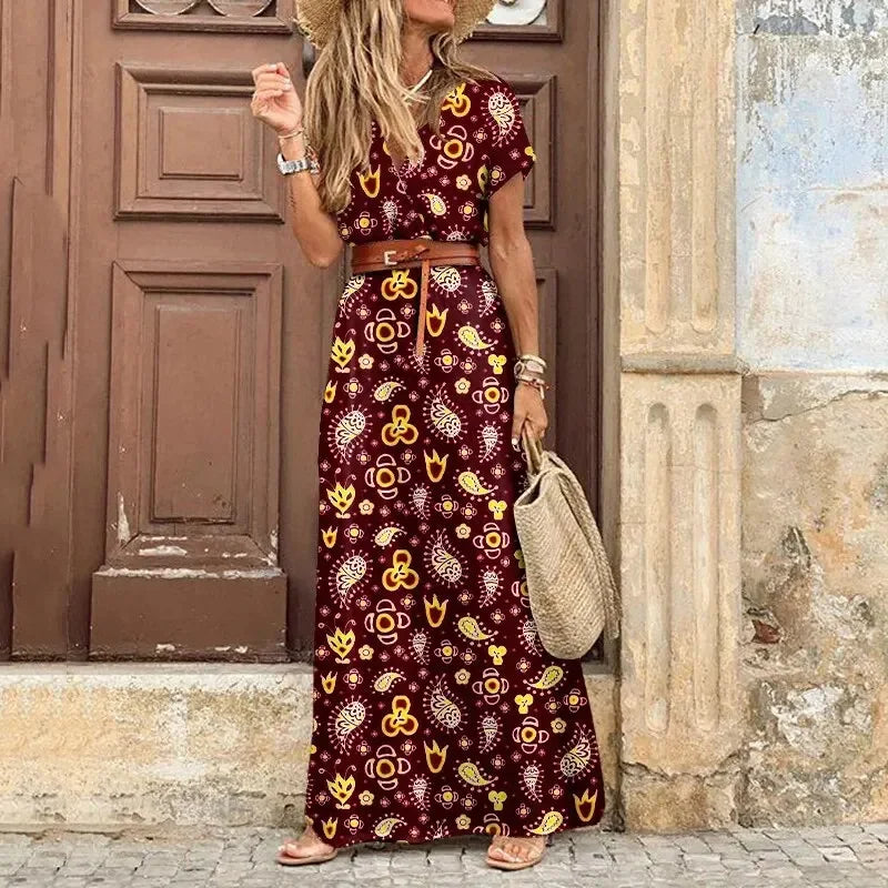 Women's V-Neck Belted Maxi Dress | Waist-Defining Casual Chic