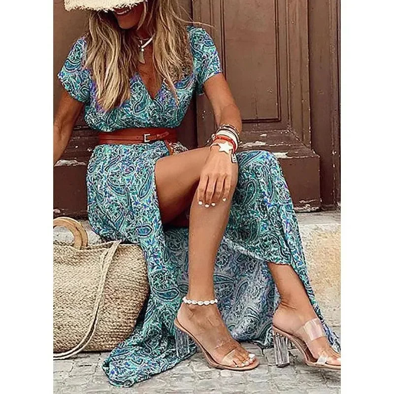 Women's V-Neck Belted Maxi Dress | Waist-Defining Casual Chic