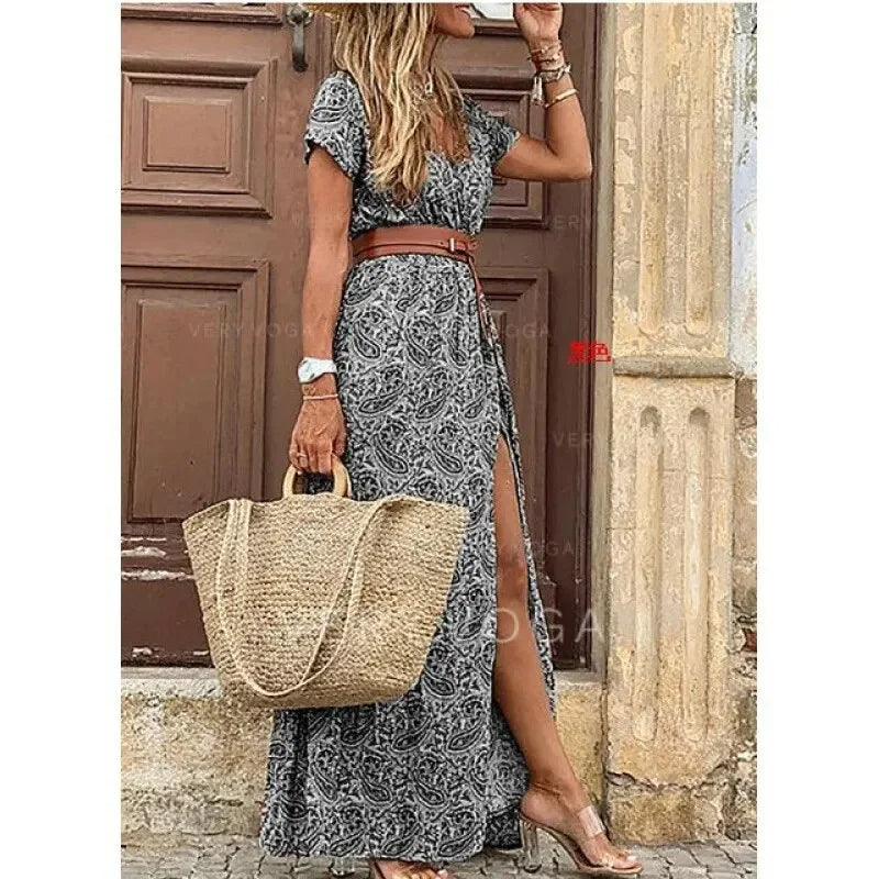 Women's V-Neck Belted Maxi Dress | Waist-Defining Casual Chic
