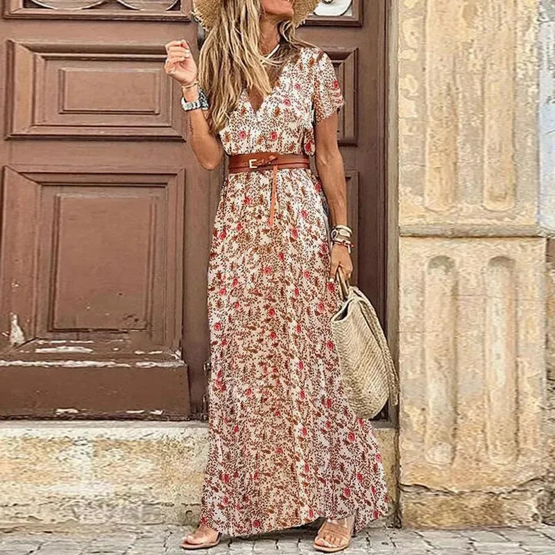 Women's V-Neck Belted Maxi Dress | Waist-Defining Casual Chic