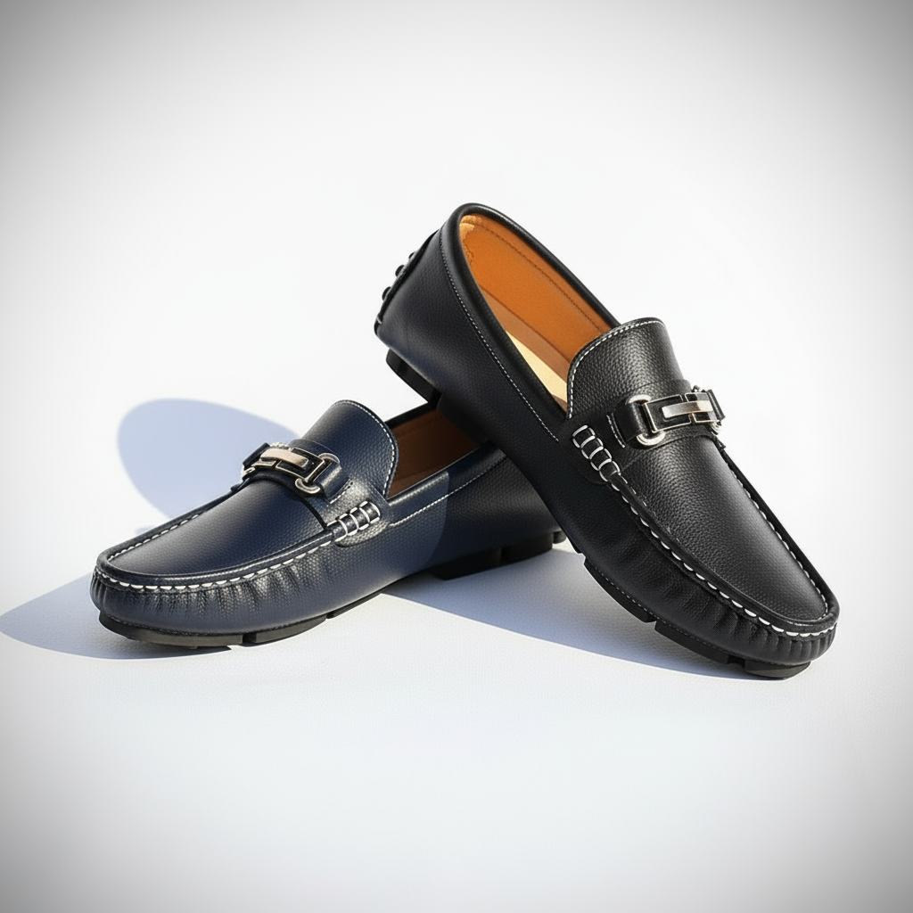 Men's Genuine Leather Loafers - Metal Clasp Slip Ons