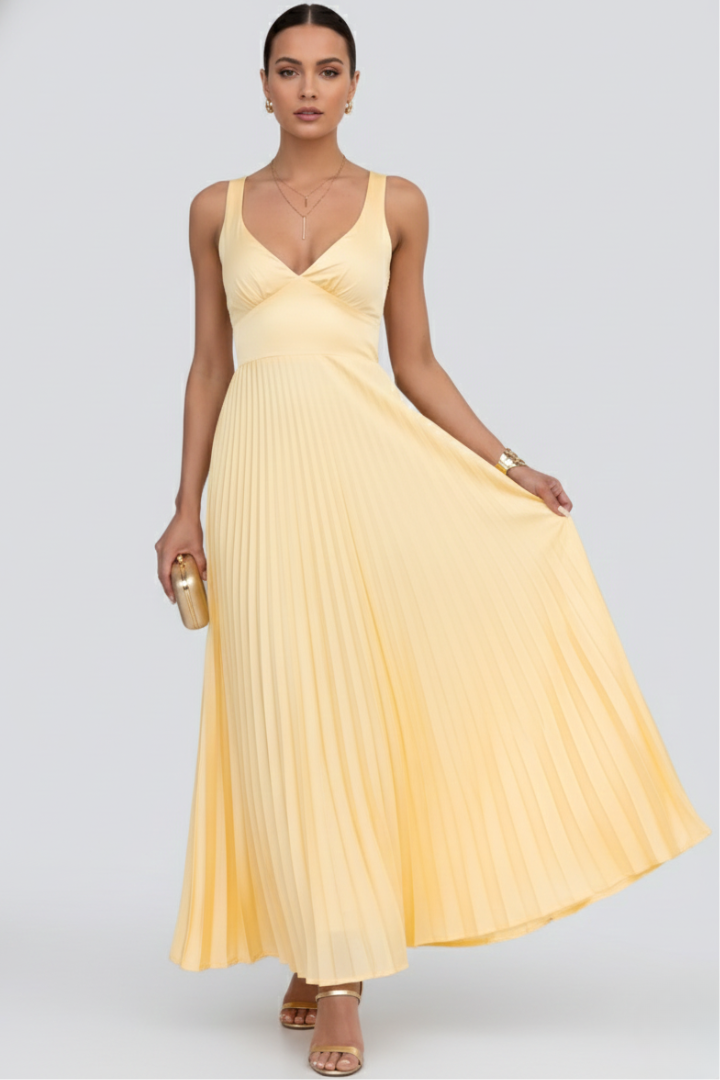 Valentina | Women's V-Neck Maxi Dress with Pleated Skirt
