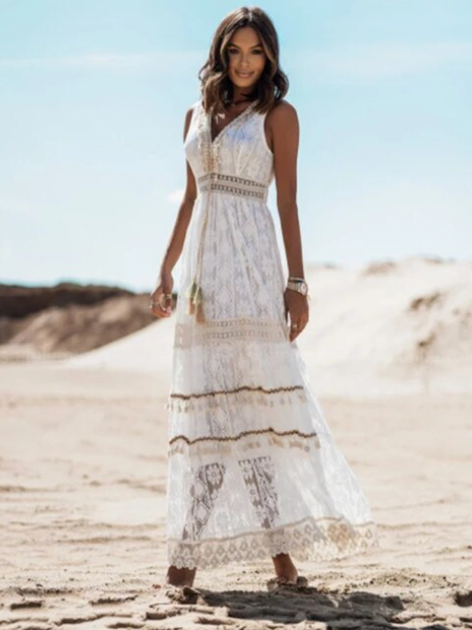 Women's V-Neck Lace Maxi Dress | Romantic Feminine Elegance