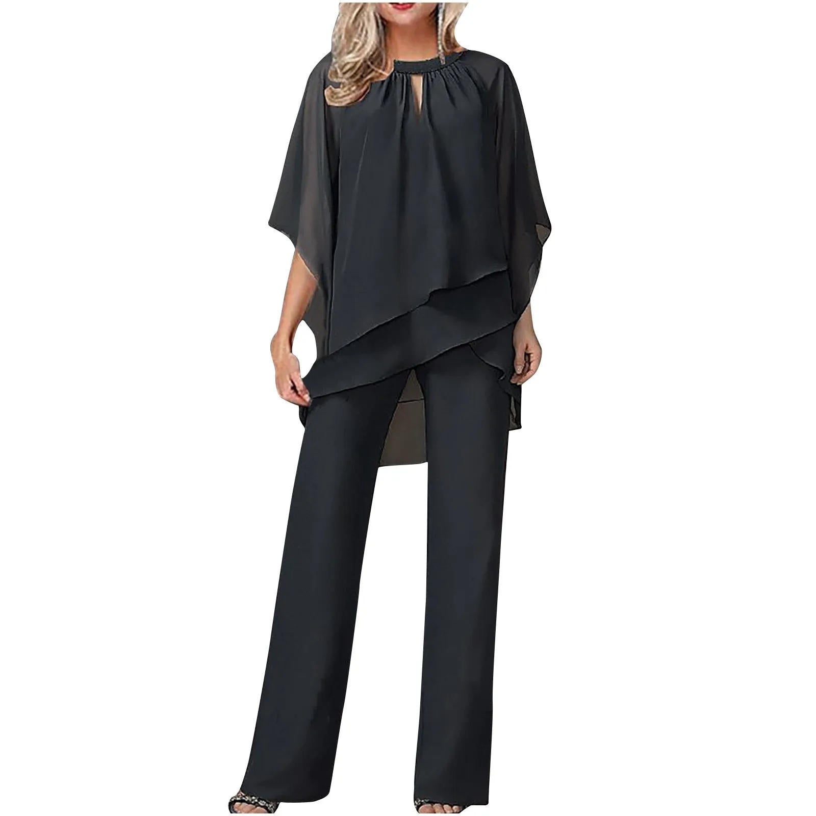 Women's Chiffon Pantsuit - Elegant Formal Two Piece Set