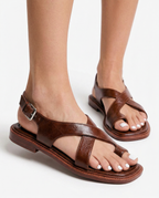 Women's Strappy Sandals - Buckled Leather Flat Slides