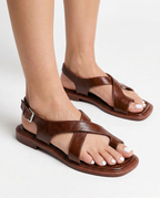 Women's Strappy Sandals - Buckled Leather Flat Slides