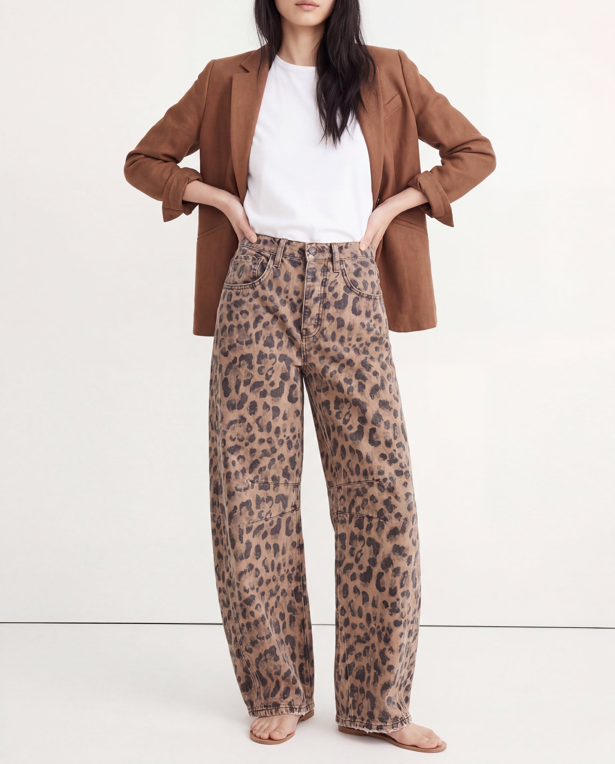 Women's Leopard Print Wide Leg Jeans - High Rise Denim