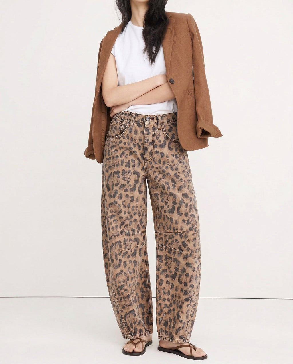 Women's Leopard Print Wide Leg Jeans - High Rise Denim