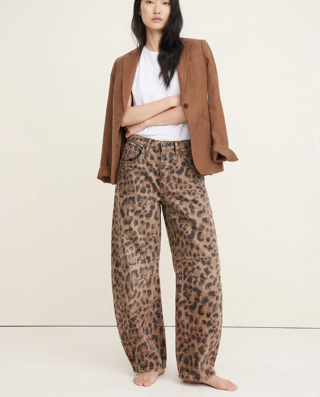 Women's Leopard Print Wide Leg Jeans - High Rise Denim