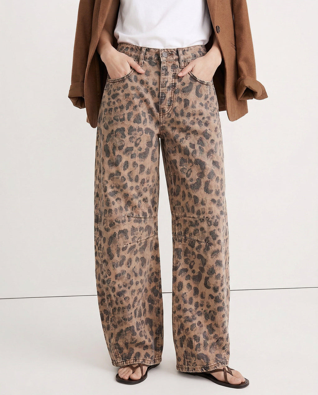 Women's Leopard Print Wide Leg Jeans - High Rise Denim