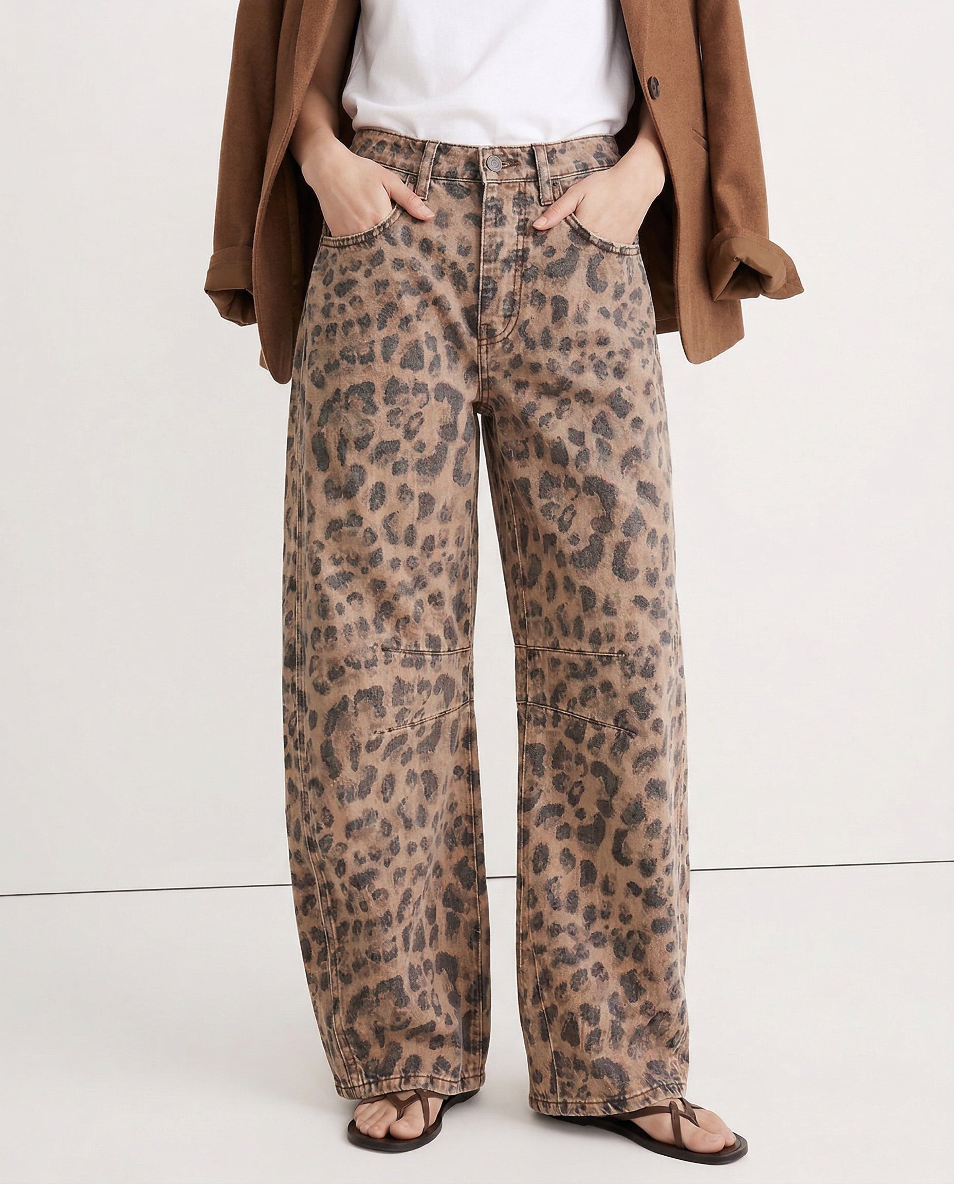 Women's Leopard Print Wide Leg Jeans - High Rise Denim