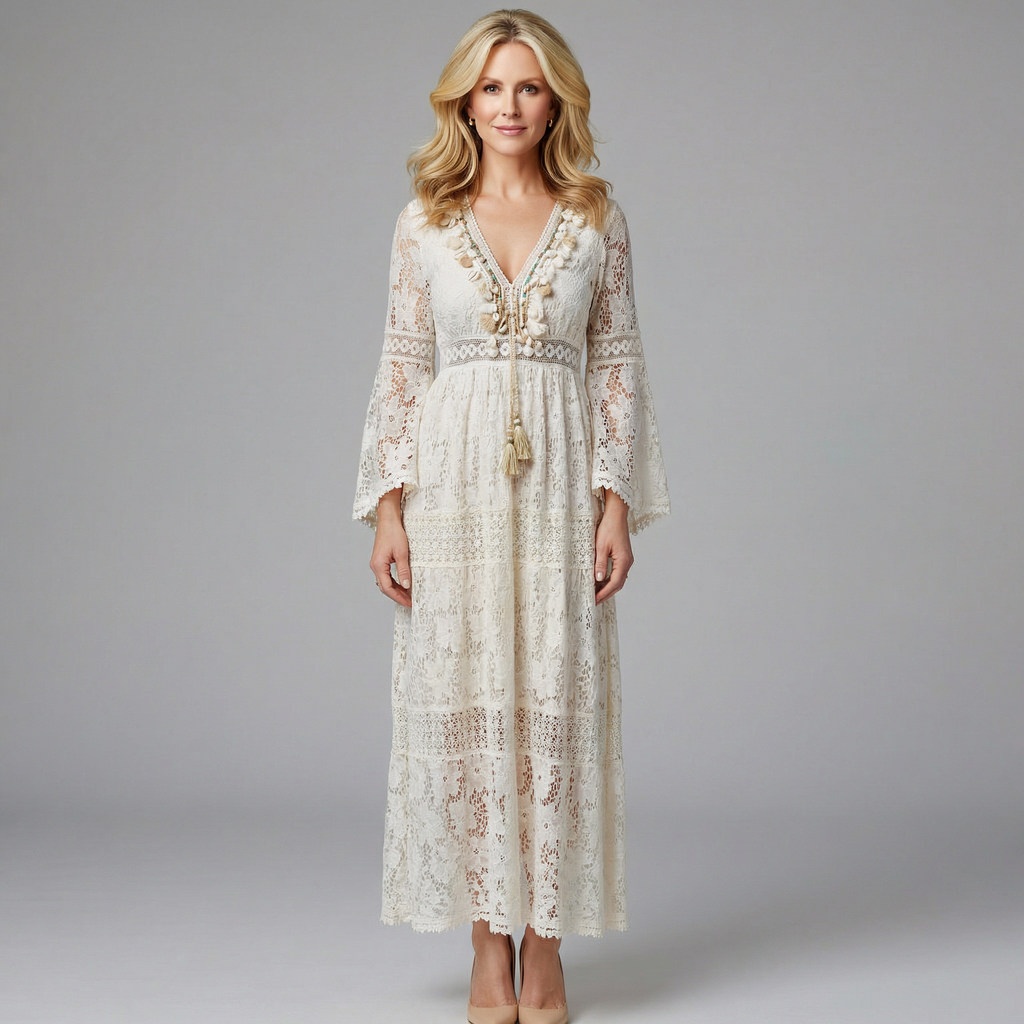 Soleil Women's Bohemian Lace Maxi Dress - Bell Sleeves