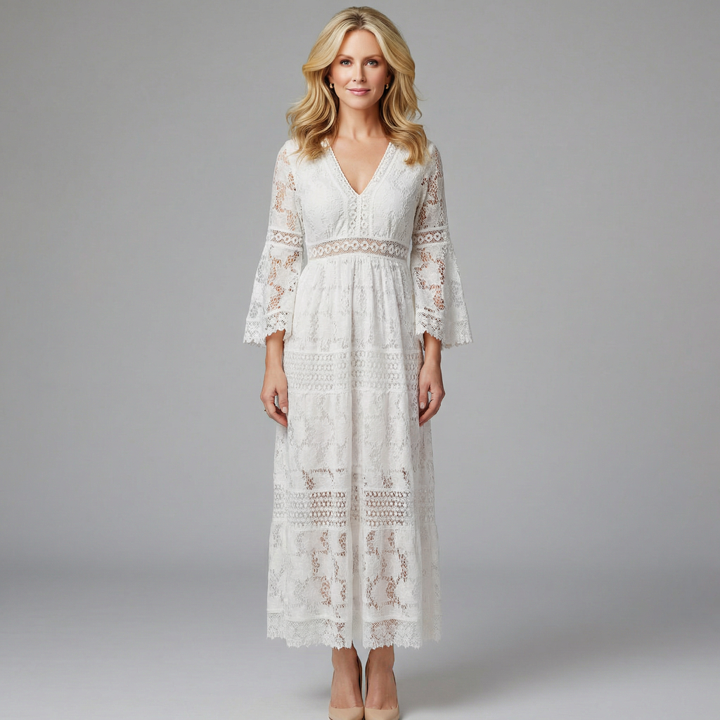 Soleil Women's Bohemian Lace Maxi Dress - Bell Sleeves