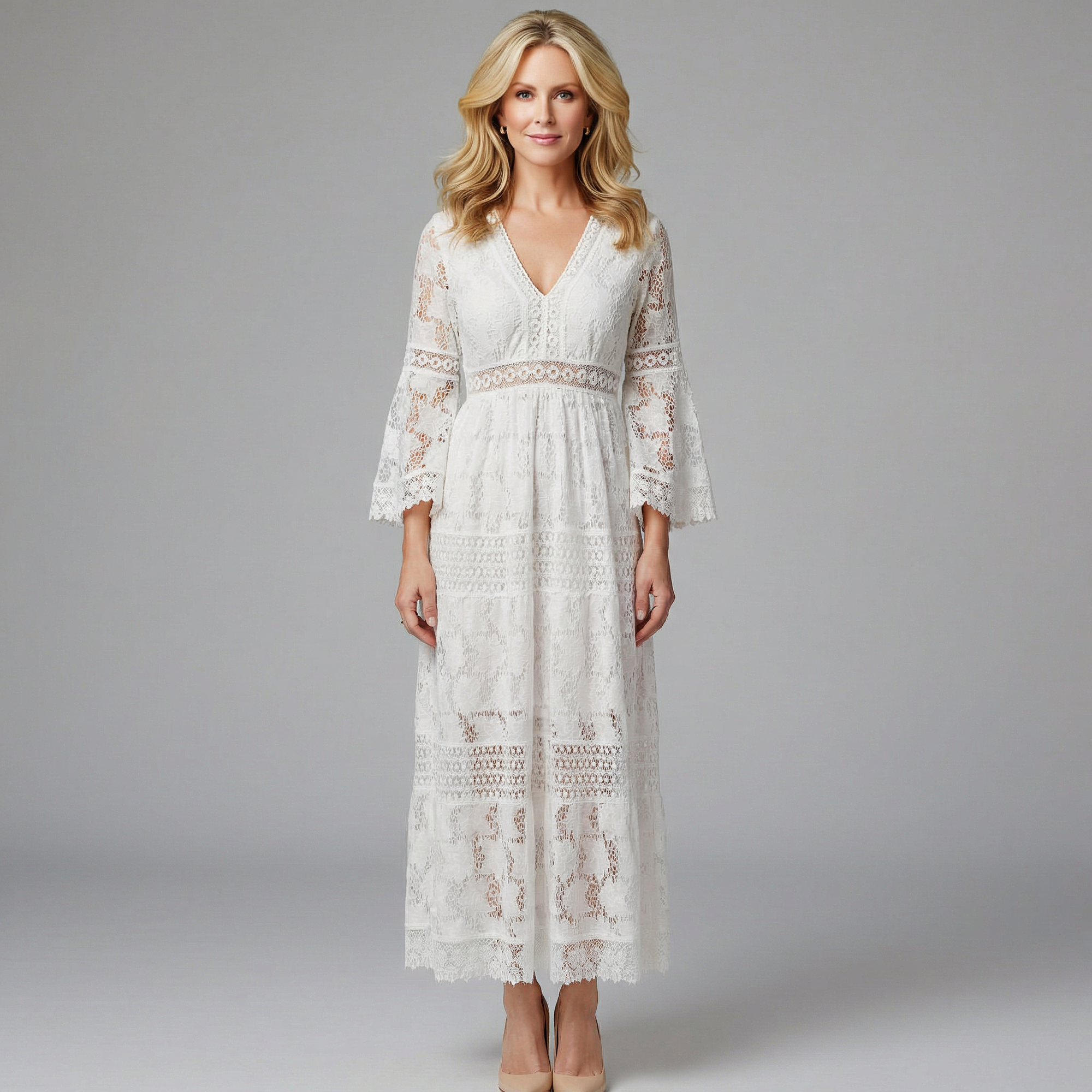 Soleil Women's Bohemian Lace Maxi Dress - Bell Sleeves