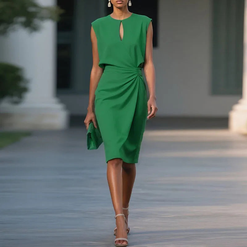 Xena | Women's Green Keyhole Neck Ruched Summer Dress