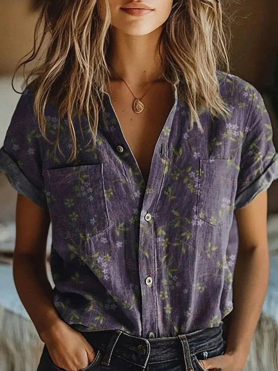 Women's Floral Blouse - Vintage Lapel Print Top
