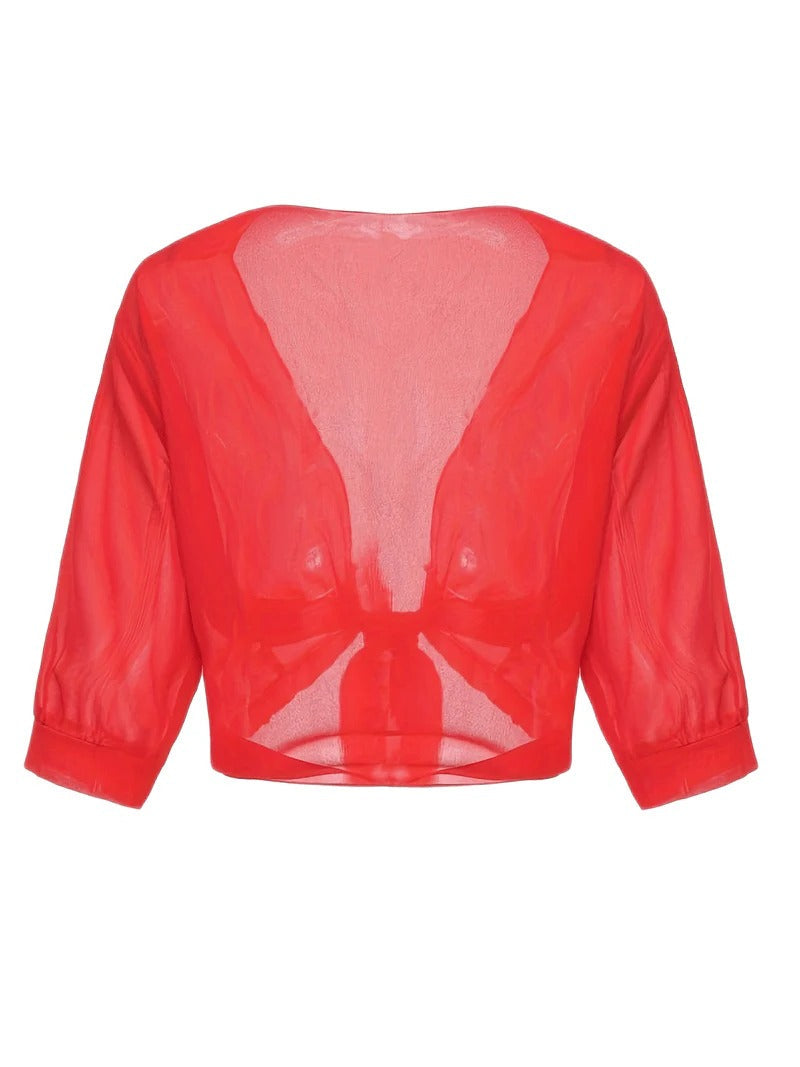 Women's Tie Front Sheer Blouse | Open Front 3/4 Sleeve Top