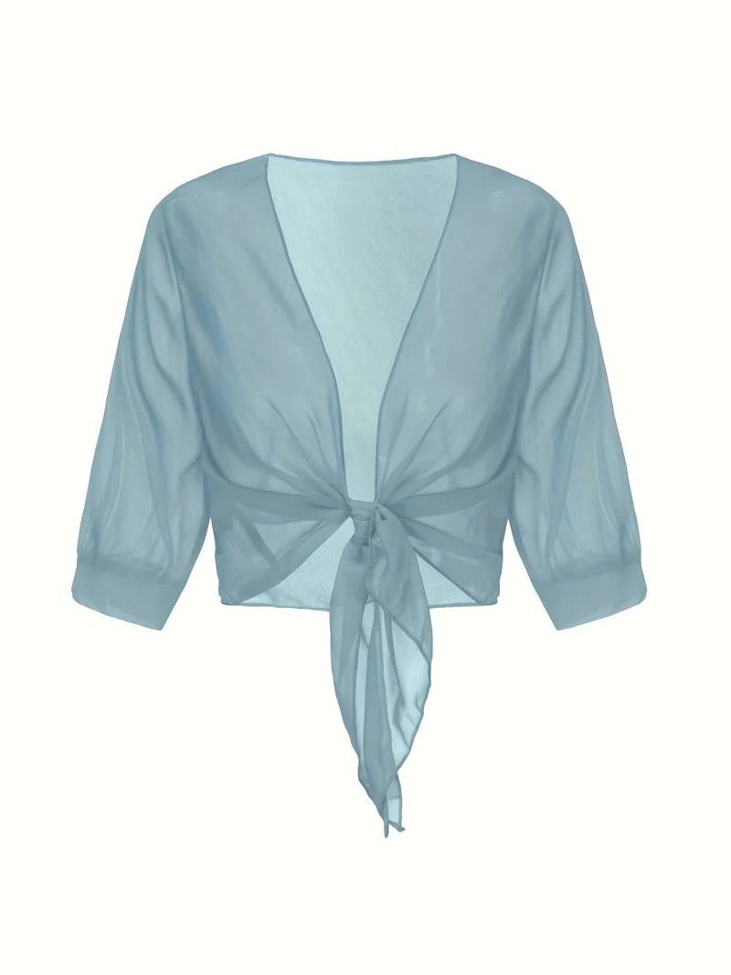 Women's Tie Front Sheer Blouse | Open Front 3/4 Sleeve Top