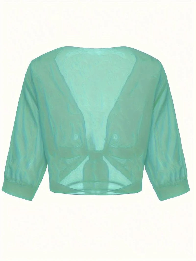 Women's Tie Front Sheer Blouse | Open Front 3/4 Sleeve Top