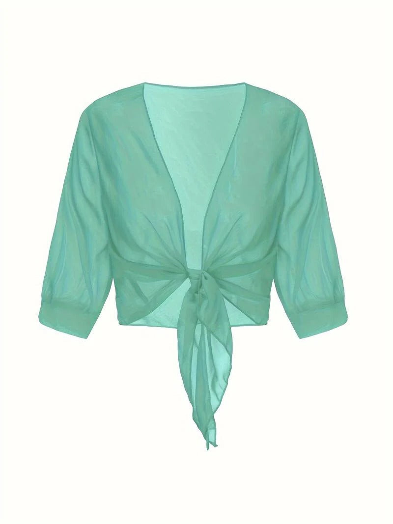 Women's Tie Front Sheer Blouse | Open Front 3/4 Sleeve Top