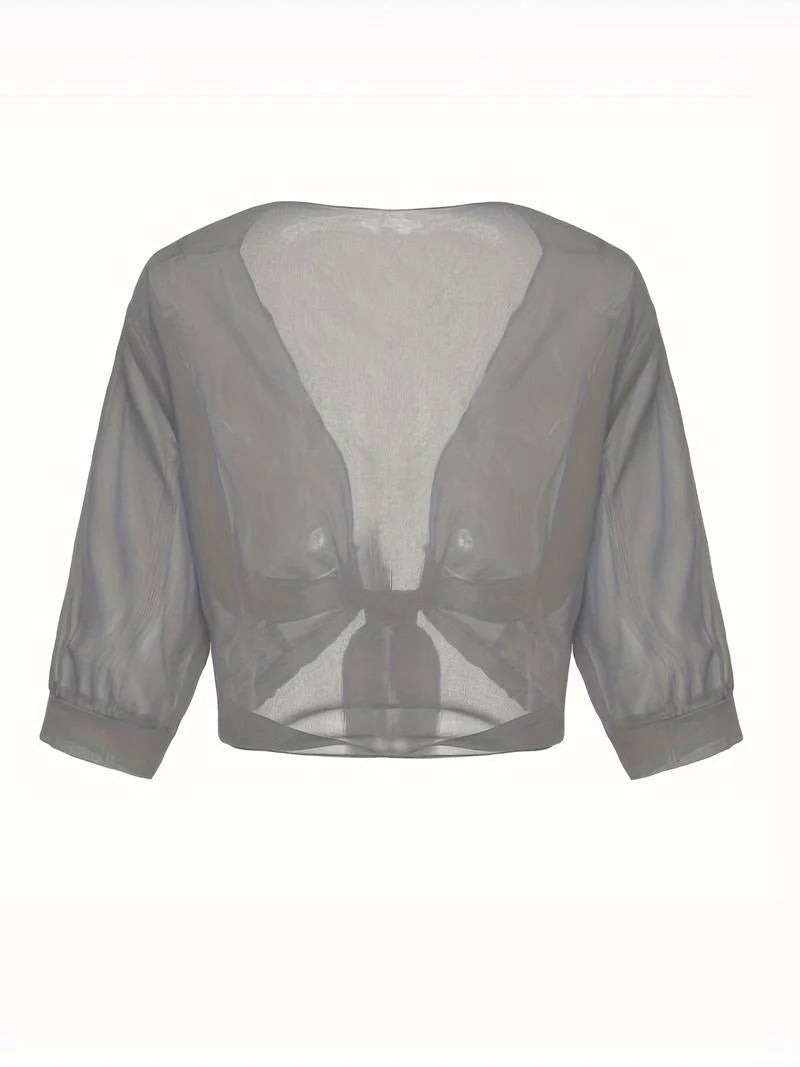 Women's Tie Front Sheer Blouse | Open Front 3/4 Sleeve Top