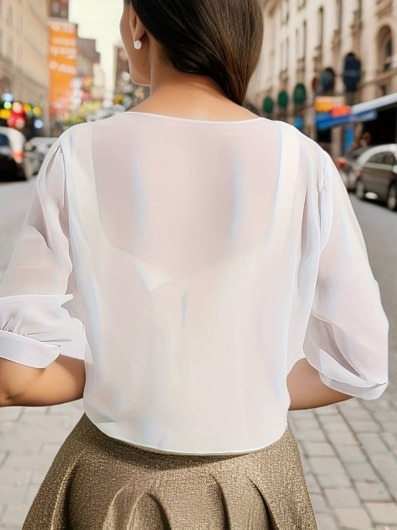 Women's Tie Front Sheer Blouse | Open Front 3/4 Sleeve Top