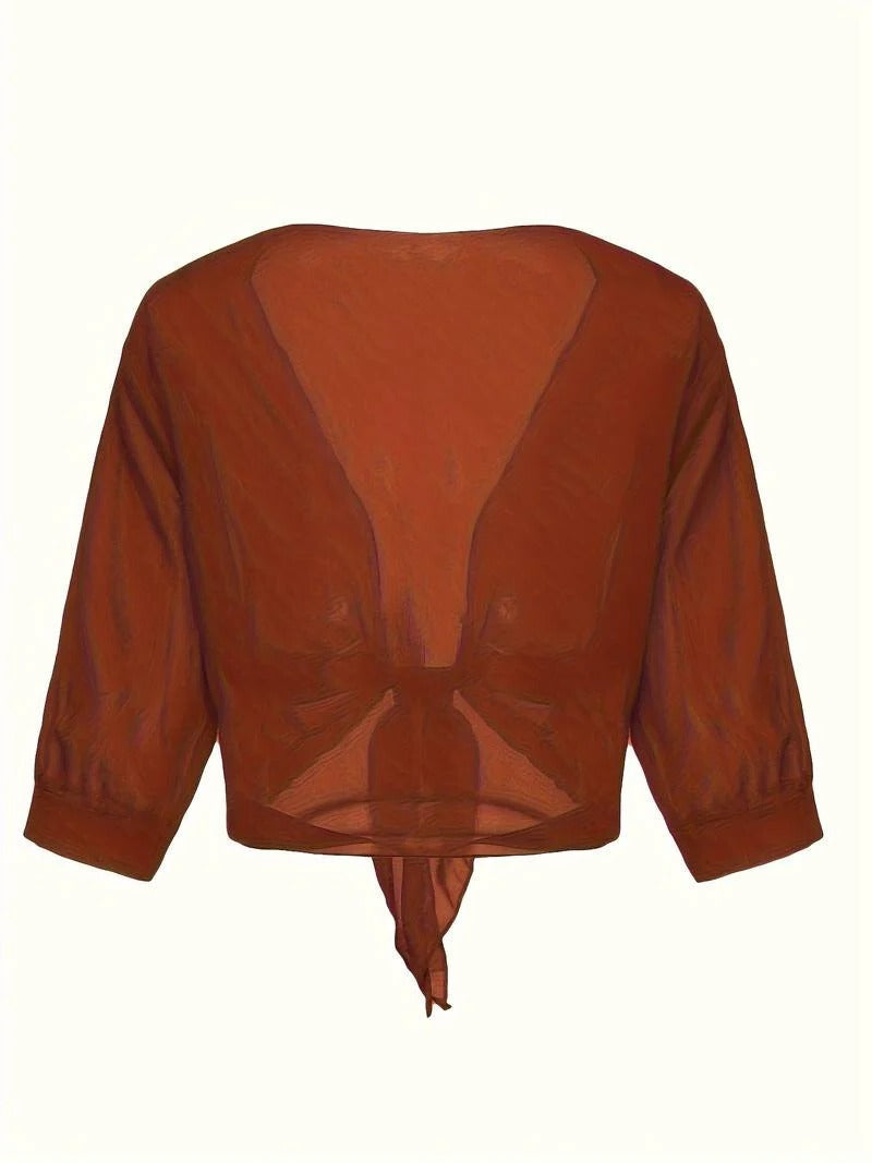 Women's Tie Front Sheer Blouse | Open Front 3/4 Sleeve Top