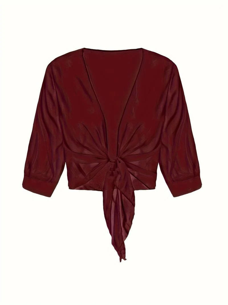 Women's Tie Front Sheer Blouse | Open Front 3/4 Sleeve Top