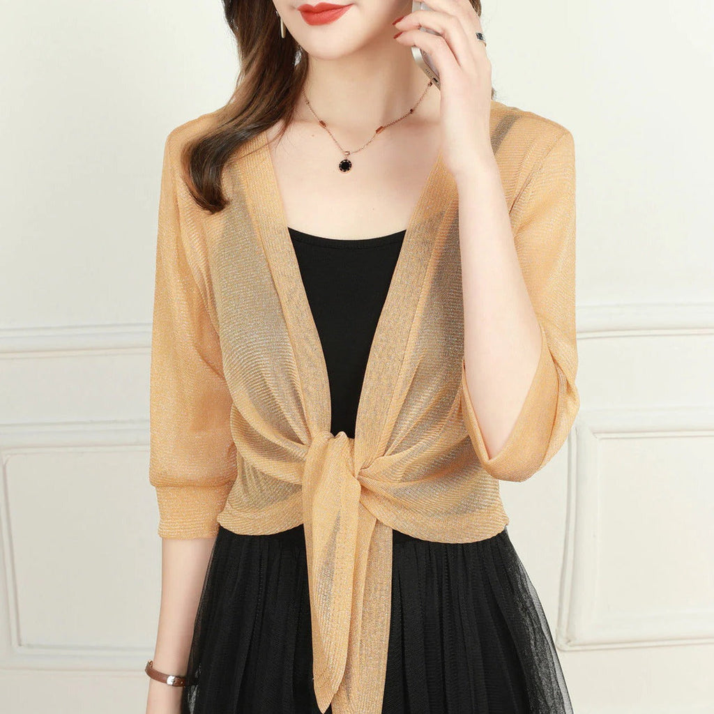 Women's Tie Front Sheer Blouse | Open Front 3/4 Sleeve Top