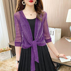 Women's Tie Front Sheer Blouse | Open Front 3/4 Sleeve Top