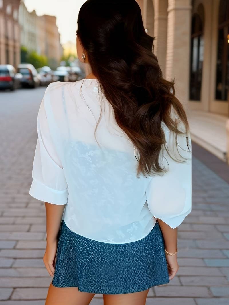 Women's Tie Front Sheer Blouse | Open Front 3/4 Sleeve Top