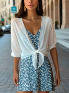 Women's Tie Front Sheer Blouse | Open Front 3/4 Sleeve Top