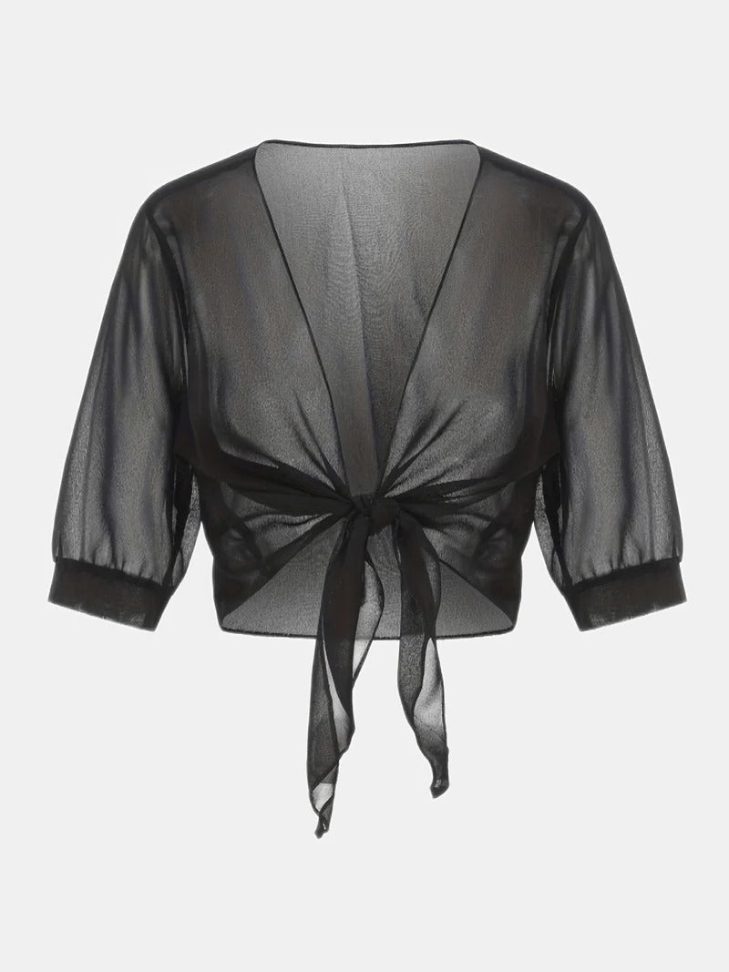 Women's Tie Front Sheer Blouse | Open Front 3/4 Sleeve Top