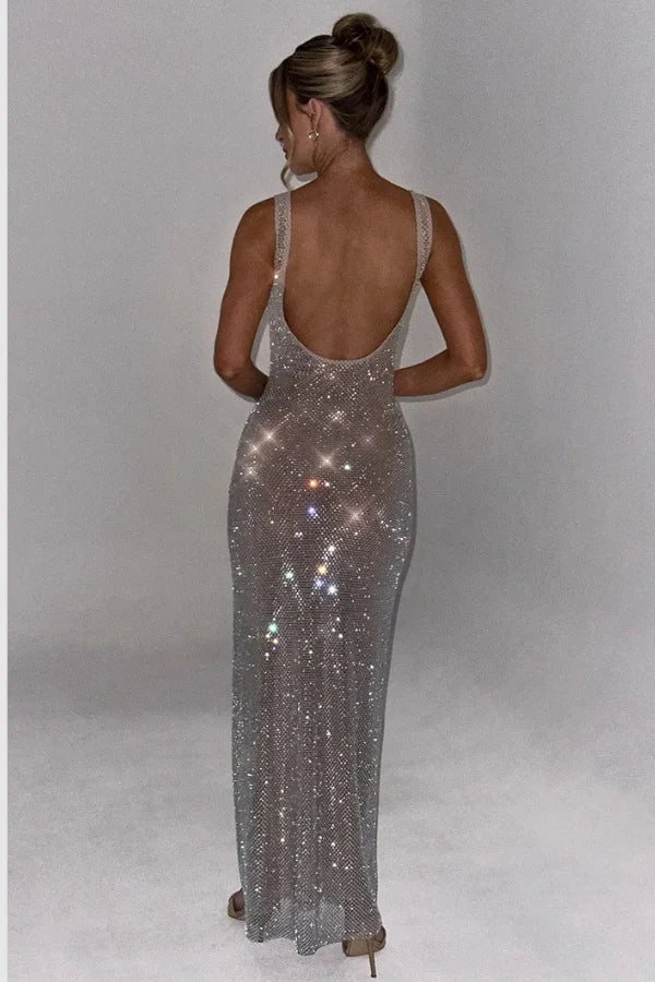 Women's Sequin Maxi Dress | Sleeveless Open Back Evening Wear