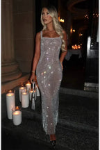 Women's Sequin Maxi Dress | Sleeveless Open Back Evening Wear