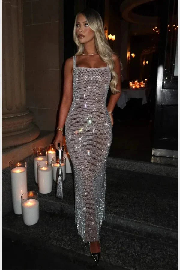 Women's Sequin Maxi Dress | Sleeveless Open Back Evening Wear