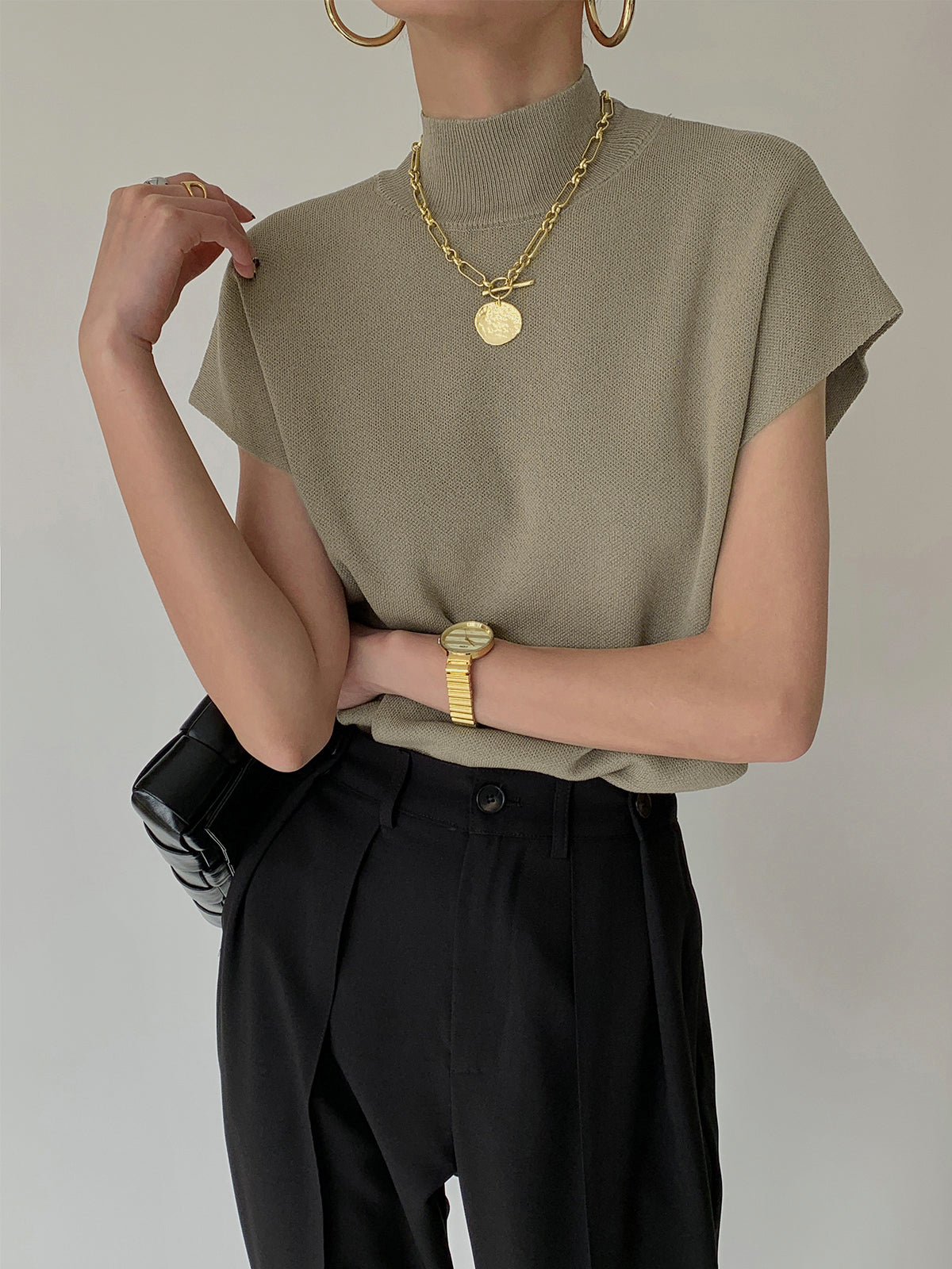 Women's Mock Neck Sleeveless Padded Shoulder Vest Top