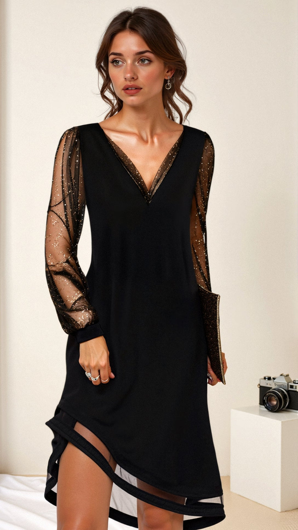 Vivienne Women's Evening Dress - Sheer Mesh Sleeves with Sparkle Detail