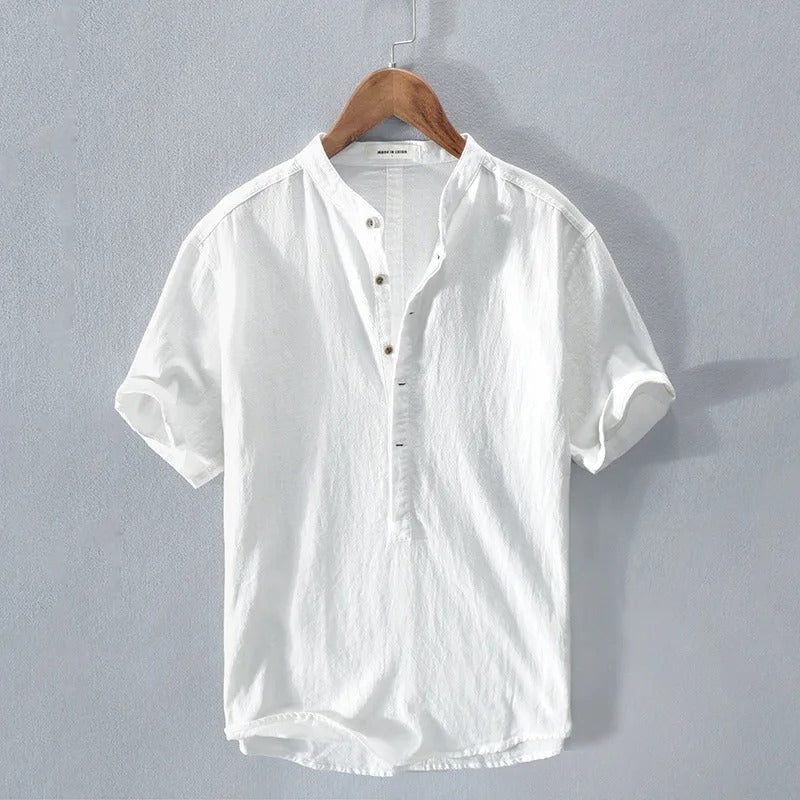 Men's Linen Henley Shirt - Short Sleeve Summer Top